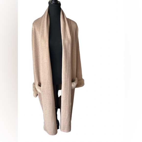 NEW Max Sport Medium Long Cardigan Jacket Tan Nude Faux Fur Designer Coat NWT - Picture 2 of 16